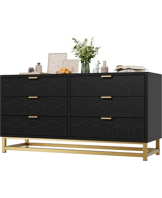 gaomon Dresser for Bedroom, 6 Drawer Dresser Organizer with Golden Metal Handle and Legs,Black