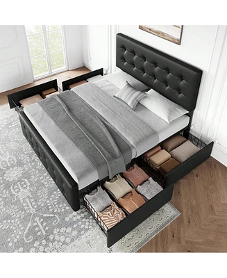 Bed Frame,With 4 Storage Drawers And Headboard, Linen Upholstered Platform Frame With Wooden Slats Support, Button Tufted Design