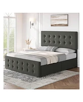 gaomon Bed Frame,With 4 Storage Drawers And Headboard, Linen Upholstered Platform Frame With Wooden Slats Support, Button Tufted Design, No Box Sp