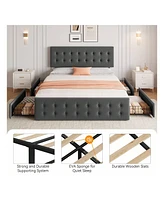 Bed Frame,With 4 Storage Drawers And Headboard, Linen Upholstered Platform Frame With Wooden Slats Support, Button Tufted Design