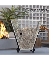 Outsunny 31" Outdoor Firewood Rack, Metal Log Holder with Wheels Hooks