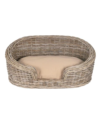 The Licker Store Curvy 33" x 21.25" Classic Handwoven Rattan Dog Bed with Machine-Washable Cushion