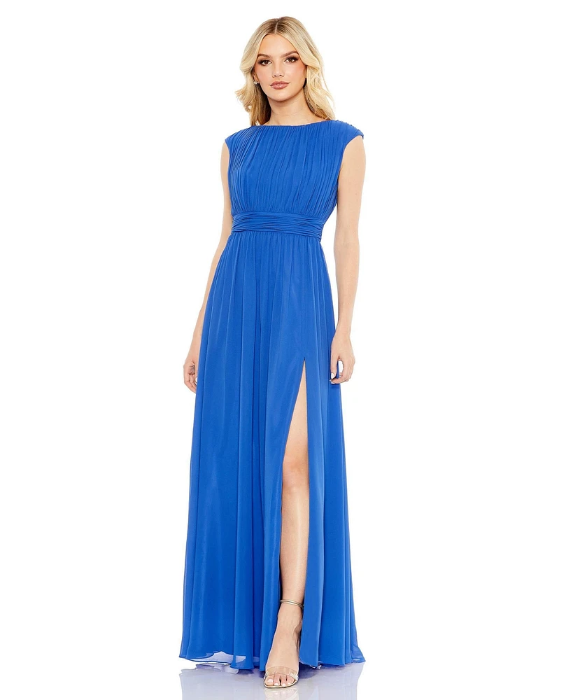 Mac Duggal Women's Pleated Bateau Cap Sleeve A Line Gown