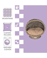 The Licker Store Socket Dome 19.5" x 17" Bohemian Handwoven Rattan Cat Bed with Machine-Washable Cushion