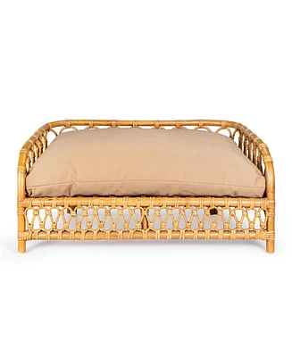 The Licker Store Elevated Bohemian Handwoven Rattan Dog Daybed with Machine-Washable Cushion