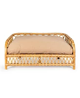 The Licker Store Elevated Bohemian Handwoven Rattan Dog Daybed with Machine-Washable Cushion