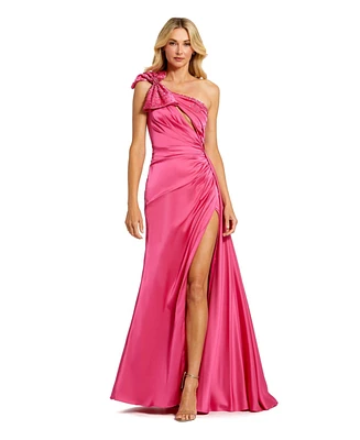 Women's Satin One Shoulder Gown w/ Embellished Bow