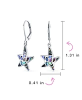 Bling Jewelry Nautical Vacation Honeymoon Marine Life Beach Iridescent Abalone Shell Inlaid Drop Starfish Earrings For Women .925 Sterling Silver Leve