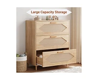 gaomon Dresser for Bedroom with 3 Drawers, Rattan Dresser with Spacious Storage, Modern Wooden Closet Dressers Chest of Drawers