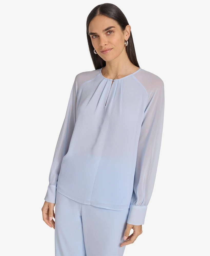 Calvin Klein Women's Pleated-Neck Sheer-Sleeve Top