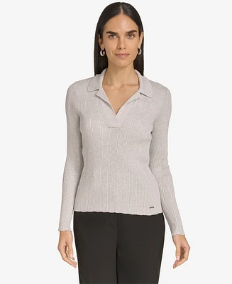 Calvin Klein Women's Metallic Collared Ribbed-Knit Top