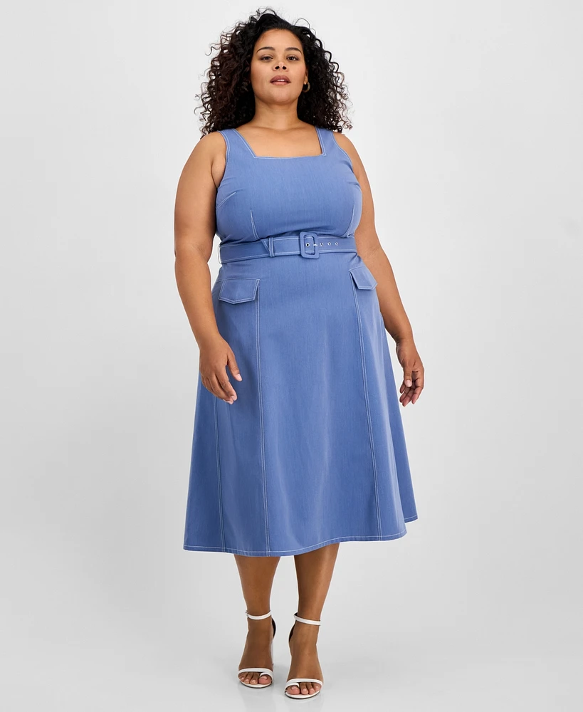 Tahari Plus Denim Belted Square-Neck Midi Dress