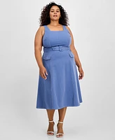 Tahari Plus Denim Belted Square-Neck Midi Dress