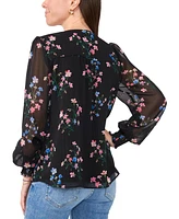 Sam & Jess Petite Floral-Print Smocked Sheer-Sleeve Top