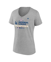 Fanatics Women's Heather Gray Los Angeles Dodgers 2024 National League Champions Locker Room Plus Size V-neck T-shirt