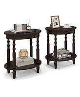 Gymax 2 Pcs 2-Tier End Table Oval Compact Sofa Side Nightstand w/ Storage Shelf