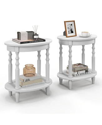 Gymax 2 Pcs 2-Tier End Table Oval Compact Sofa Side Nightstand w/ Storage Shelf