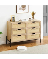 gaomon 6 Drawers Dresser for Bedroom, Natural Rattan Drawer with Spacious Storage, Wood Chest of Drawers with Metal Legs Black