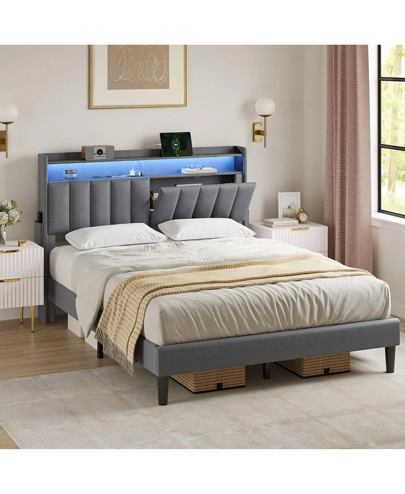 Hausource Queen/Full Size Bed Frame w/Storage Headboard & Charging Station & Led Light No Box Spring Needed