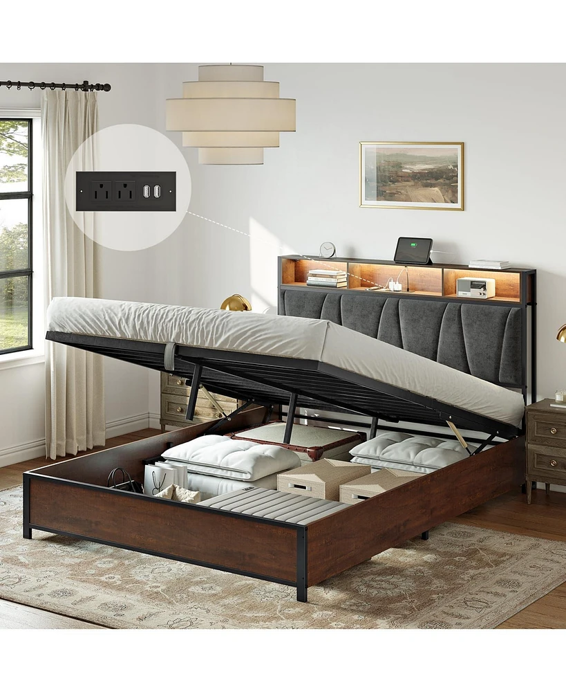 Hausource Lift Up Storage Bed Frame Queen/Full Size with Charging Station No Box Spring Needed, Full