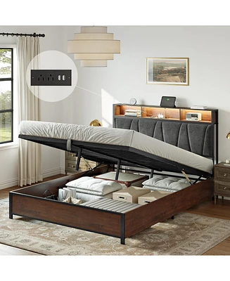 Hausource Full Size Lift Up Storage Bed Frame with Charging Station No Box Spring Needed