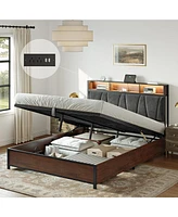 Hausource Lift Up Storage Bed Frame Queen/Full Size with Charging Station No Box Spring Needed, Full