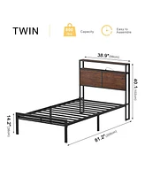 Hausource King/Twin Size Bed Frame with Storage Headboard & Charging Station No Box Spring Needed