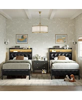 Hausource King/Twin Size Bed Frame with Storage Headboard & Charging Station Upholstered Platform Bed, Twin