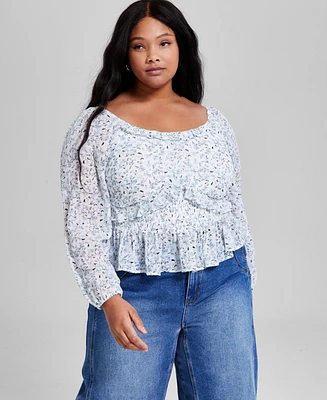 And Now This Trendy Plus Printed Ruffled Blouson-Sleeve Top, Exclusively at Macy's