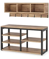 Tribesigns Coat Rack Set and Industrial Shoe Bench, 3 Storage Cubbies, 7 Hooks for Entryway, Hallway, 5-in-1Design