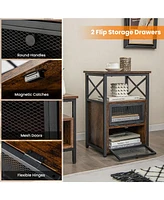 Gymax 2PCS Side End Table Nightstands w/ 2 Open shelves & 2 Flip Drawers Rustic Brown