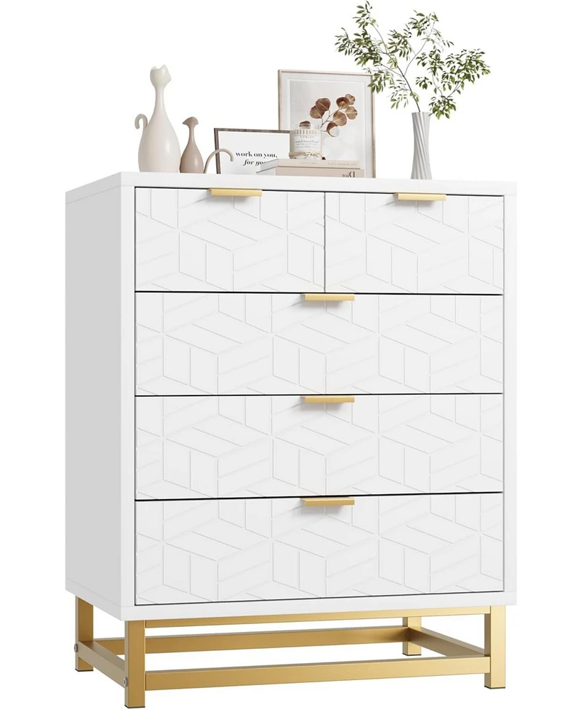 gaomon Dressers for Bedroom 5 Drawer, Chest of Drawers with Metal Base, Modern Dresser Chest Cabinet Organizer,White