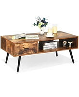 Gymax Retro Coffee Table Mid Century Modern Living Room Furniture w/Open Storage Shelf