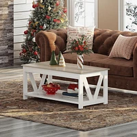 Wlive Farmhouse Coffee Table,Living Room Table with Storage,43 in Wood Center Table with V-Shaped Frame for Home Office,Apartment