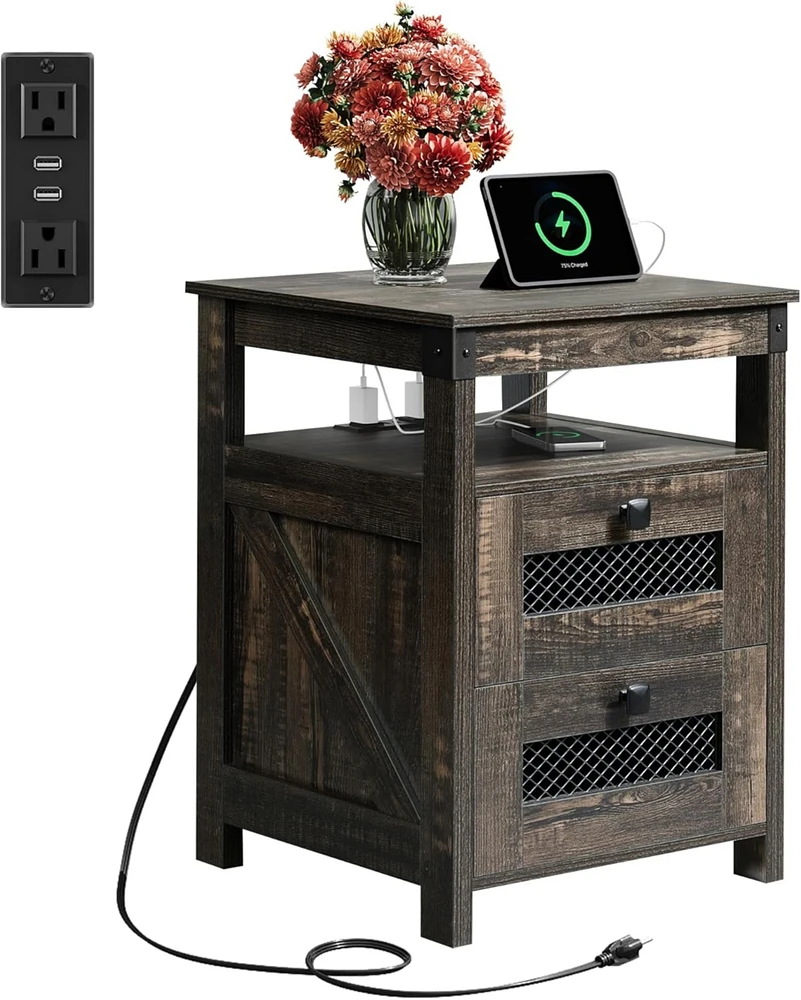 Wlive Farmhouse Nightstand, End Table with Charging Station, Bedroom Wooden Night Stand with 2 Storage Drawers, Side Table with Usb Ports and Outlets,