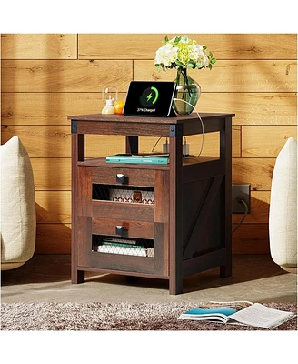 Wlive Farmhouse Nightstand, End Table with Charging Station, Bedroom Wooden Night Stand 2 Storage Drawers, Side Usb Ports and Outlets,