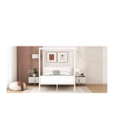 Slickblue Queen Size White Canopy Platform Bed with Headboard, Footboard, and Slat Support Legs Elegant Bedroom Furniture