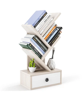 Gymax 5-Tier Tree Bookshelf w/ Wooden Drawer Display Storage Organizer Rack Beige