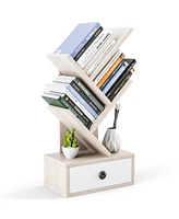 Gymax 5-Tier Tree Bookshelf w/ Wooden Drawer Display Storage Organizer Rack Beige