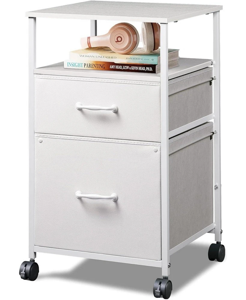 2 Drawer Mobile File Cabinet, Rolling Printer Stand with Open Storage Shelf, Fabric Vertical Filing Cabinet fits A4 or Letter Size for Home Office,Whi