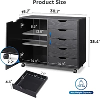 Devaise 5-Drawer Wood Dresser Chest with Door, Mobile Storage Cabinet, Printer Stand for Home Office, Black