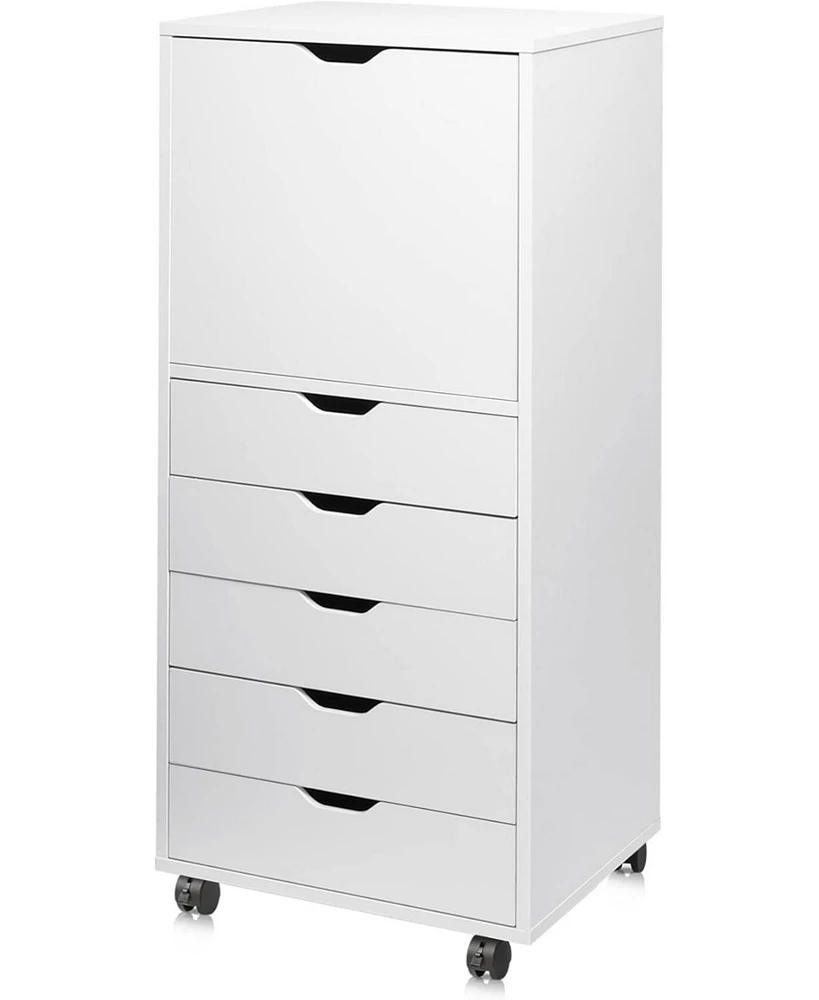 Devaise 5-Drawer Wood Dresser with Top Cabinet Storage, Mobile Chest of Drawers, Wide Storage Space for Home Office