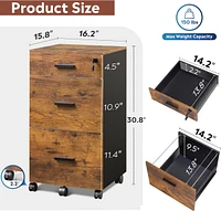 Galaxhero 3 Drawer Rolling File Cabinet with Lock, Wood Filing Cabinet fits Letter / A4 Size for Home Office, Rustic Brown