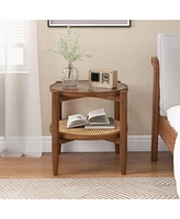 Gymax 2-Tier Round Side End Table Pe Rattan Sofa Nightstand Tempered Glass Tabletop