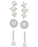 3-Pc. Set Lab-Created Opal (7/8 ct. t.w.) & Lab-Created White Sapphire (7/8 ct. t.w.) Stud & Drop Earrings in Sterling Silver