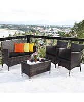 Sugift 4 Pieces Rattan Sofa Set with Glass Table and Comfortable Wicker for Outdoor Patio-Black