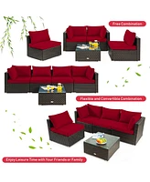 Sugift 5 Pieces Cushioned Patio Rattan Furniture Set with Glass Table-Red