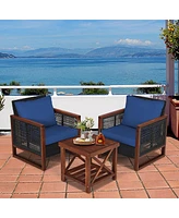 Sugift 3 Pieces Patio Wicker Furniture Set with Acacia Wood Coffee Table and Washable Cushion-Navy