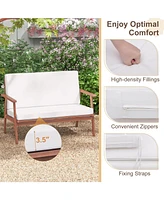 Sugift 4 Piece Outdoor Acacia Wood Conversation Set with Soft Seat and Back Cushions-White