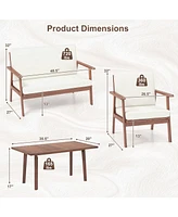 Sugift 4 Piece Outdoor Acacia Wood Conversation Set with Soft Seat and Back Cushions-White